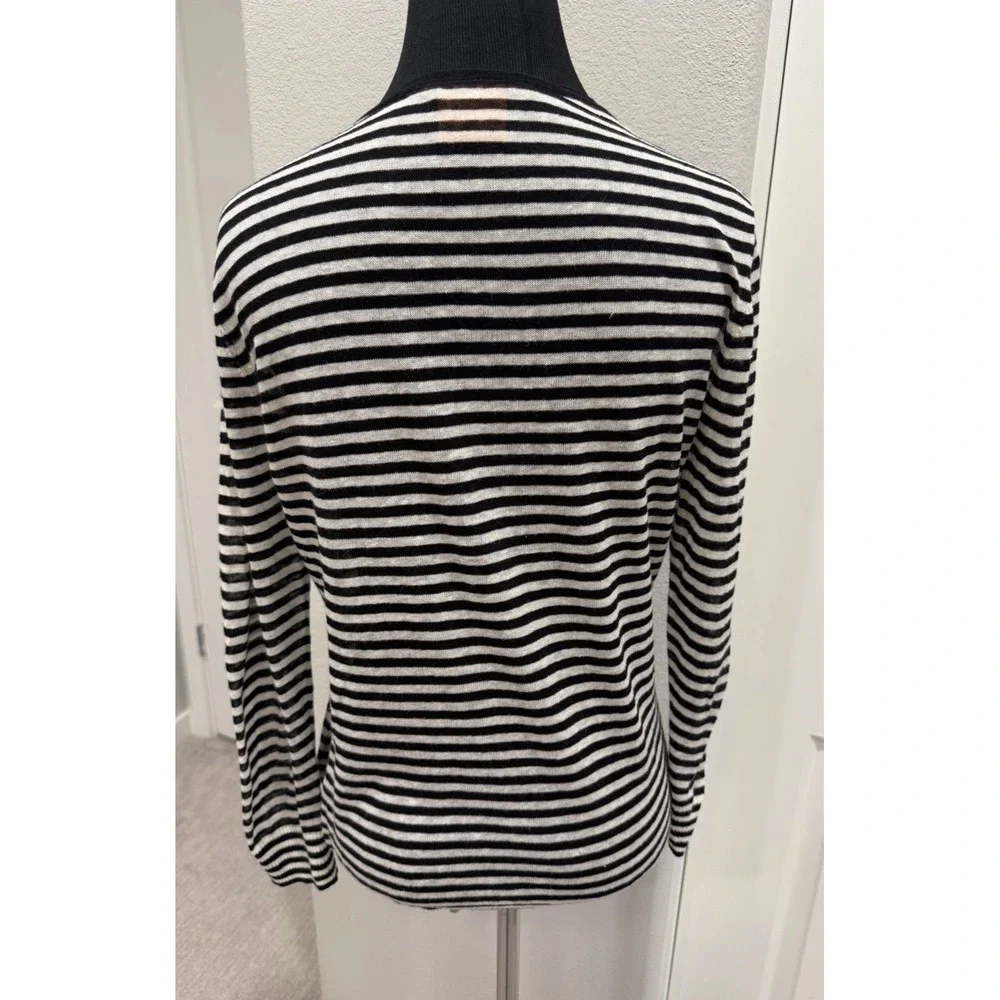 Tory Burch Linen-Blend Black & White Striped Cardigan Sweater M Gold Logo Button